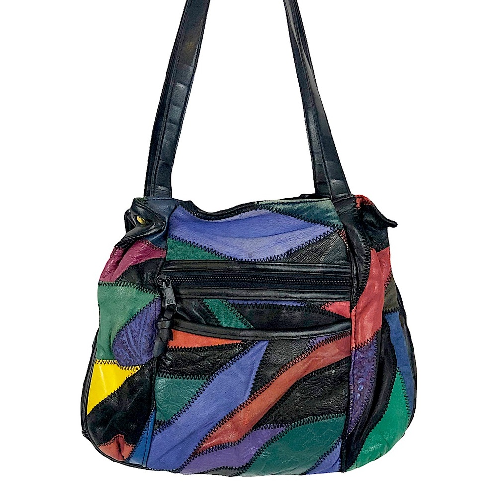 VINTAGE 80s Postmodern Multicolor Leather Patchwork Satchel Shoulder Bag